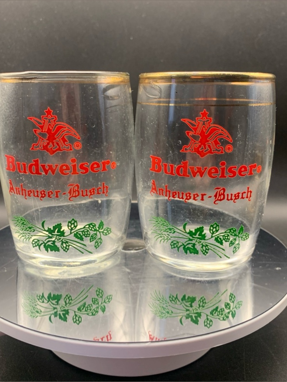 Vintage Budweiser Bud Sample Glass Lot of 2 Gold Trim Keg Shape Anheuser Busch